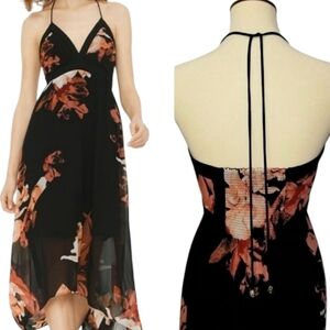 White House Black Market Black Floral Halter Mesh High Low party Dress Size 4